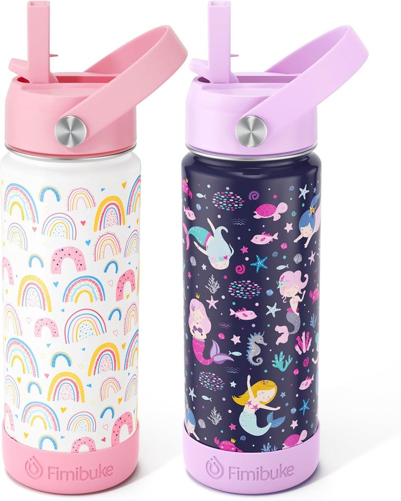 Fimibuke Kids Insulated Water Bottle, 18oz BPA FREE Kids Cup with Straw Double Wall Vacuum Tumbler 18/8 Stainless Steel Leak Proof Toddler Water Bottle for School Boys Girls (2 Pack, Rainbow/Mermaid) - Image 1